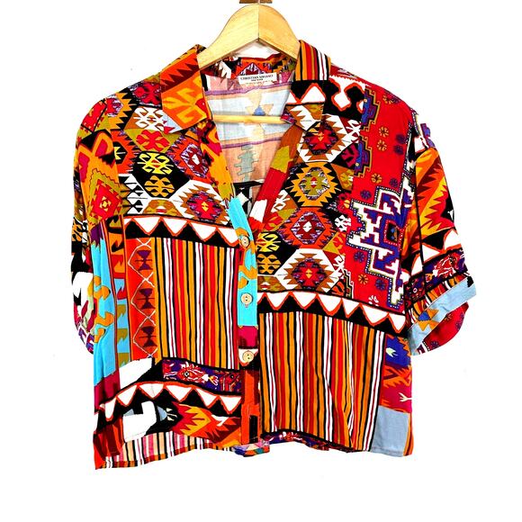 CHRISTIAN SIRIANO multicolor abstract cropped button up blouse - Picture 1 of 7